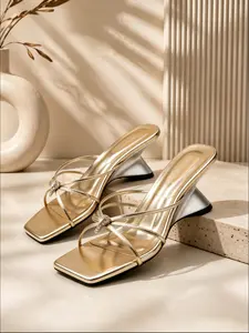 Golden Cross-Strap Rhinestone Wedge Heeled Mules, Square Toe Slip-On Sandals for Wedding, Bridal Shower, Party, Date Night & Daily Wear, Comfortable Non-Slip Soft Sole