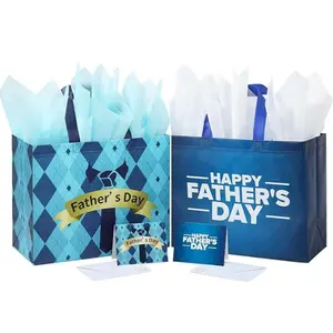 2 Pack Father's Day Gift Bags with 4 Tissue Paper 2 greeting cards 2 stickers 2 Envelop Dad Father & Grandpa Happy Father's Day Gift Bag Set Party Favor Bags 13 x 10.2 x 6.3 Inch