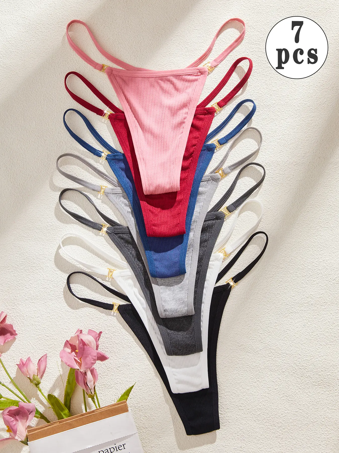 7pcs Minimalist V-shaped metal ring design, low-waisted thong Panties for women, Soft Comfy Panties, sporty, Casual, Ribbed texture, artificial cotton fabric, opaque, breathable, skin-friendly and comfortable