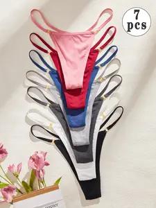 7pcs Minimalist V-shaped metal ring design, low-waisted thong Panties for women, Soft Comfy Panties, sporty, Casual, Ribbed texture, artificial cotton fabric, opaque, breathable, skin-friendly and comfortable