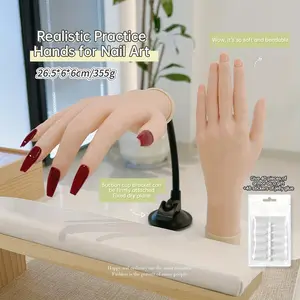 A multifunctional artificial hand model designed specifically for nail art practice, featuring soft fingertips, realistic press-on nails, and a gel-like material.