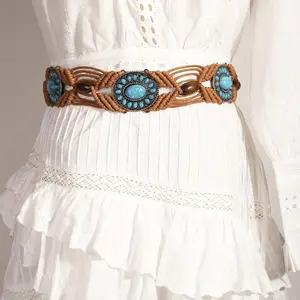 MALINDA Turquoise Inlaid Belt Bohemian Hollowed Out Wax Rope Design, Black with Blue-Green Stone Accent