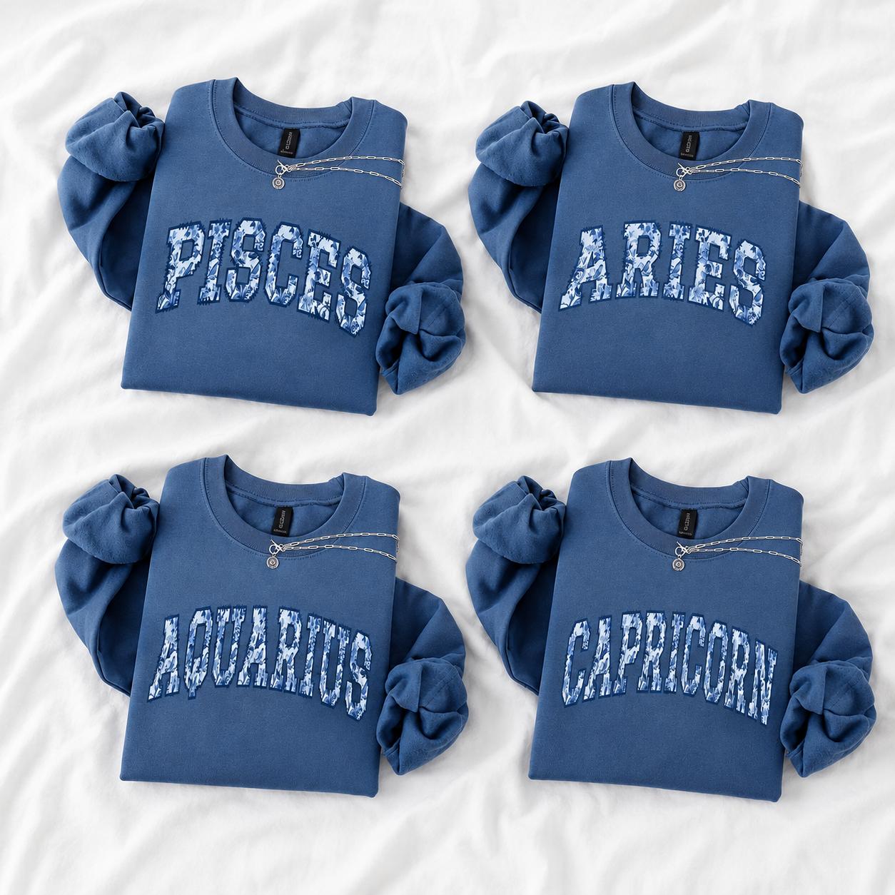 Women’s Unisex Indigo Blue Custom Zodiac Crewneck Sweatshirt, Personalized Star Sign Graphic, Celestial Energy Gift for Astrology Lovers, Birthday Present – DarkFlex