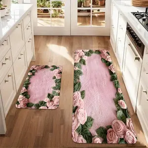 Rose Pattern Kitchen Rugs, Floral Rugs, 2 Counts/set Non-slip Kitchen Mat, Soft Absorbent Kitchen Runner, Decorative Carpet for Home Kitchen Living Room
