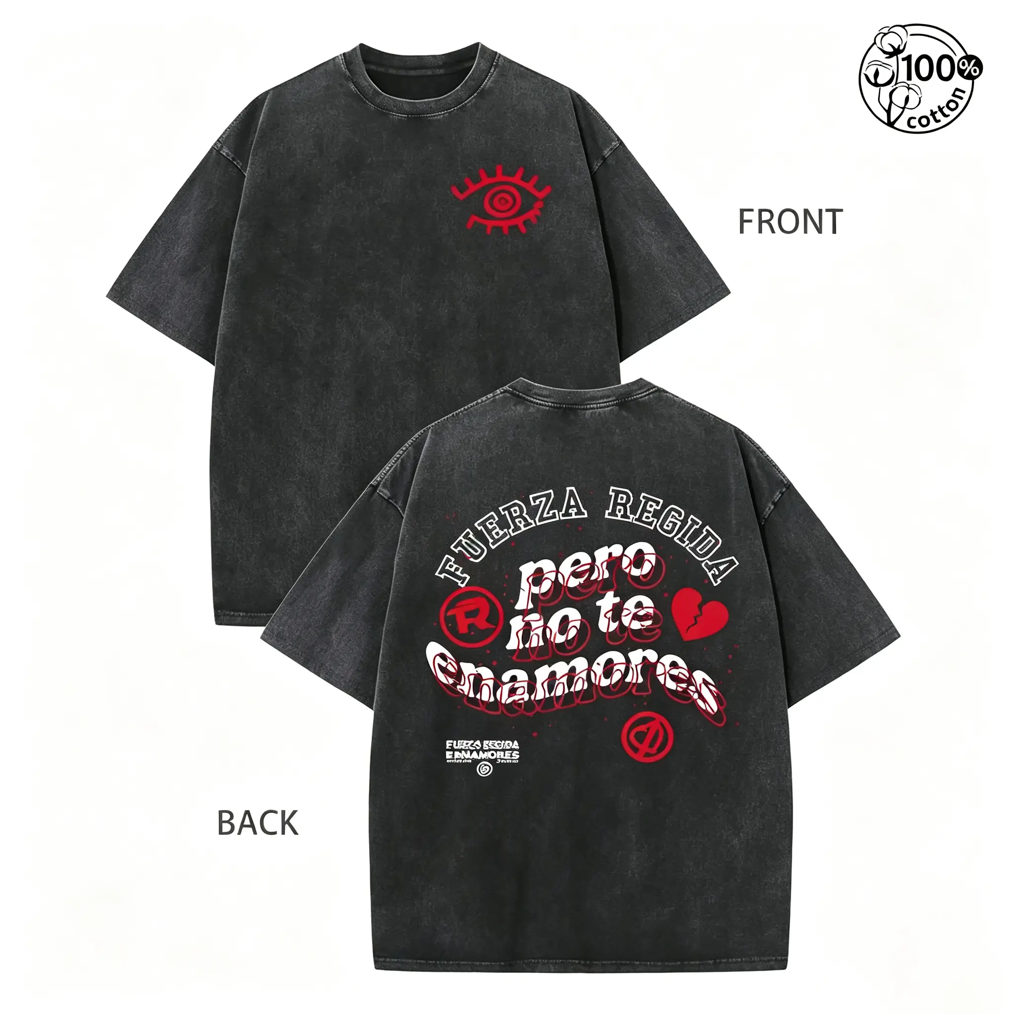 Vintage Fuerza Regida "Pero No Te Enamores" T-Shirt – Graphic Tee, Eye Pattern, 230G Washed High-Quality Cotton Printed T-Shirt, Men Clothes,Streetwear,Mens Fall Clothes,Men's Shirts,Couple Matching Outfit,Y2k
