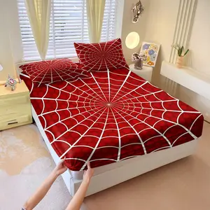 Radiating Spiderweb Pattern On Red Background with White Stripes Fitted Sheet Set.Superhero-Themed Bedding Set,Exuding A Heroic and Fashionable Vibe.Durable Soft Bedding,for Room Decoration. 3Pcs Includes 2 Pillowcases (Without Pillow Inserts)