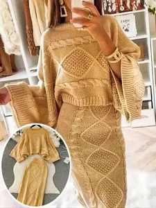Autumn Winter Round Neck Knitted Sweater Half Body Skirt Two-Piece Set, Casual Style Fitted Long Sleeve Top & Bottom for Women