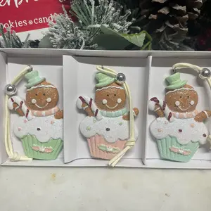 Set of 3 Sparkly Gingerbread Boy and Girl Christmas Tree Ornaments with Adjustable Silver Balls and Leather String Holders by Candy Land Theme Decor