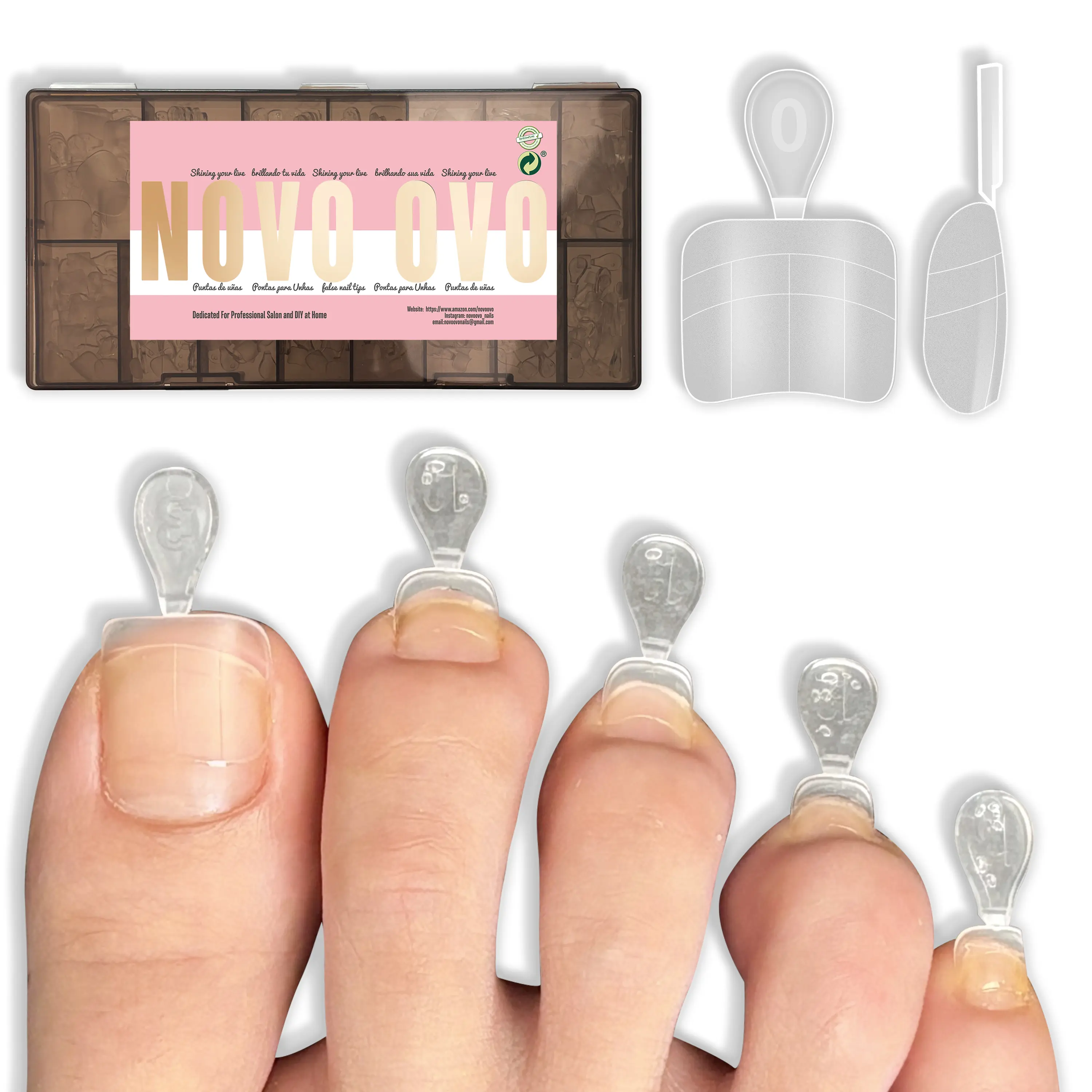 NOVO OVO Upgraded Flexible Half Cover Soft Gel Fake Toe Nail Tips with Auxiliary Line, Square Round Medium Wide Nail Art Tools for Women, Acrylic French Pedicure Salon DIY, 15 Sizes 300 Pcs, Square Round Toe Nail Tips Half Cover