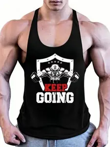 Men's Fitness Tank Top, Continue Forward Muscle Bear Dumbbell Shield Print, Quick-Dry Breathable Sleeveless Sports Y-Back Shirt