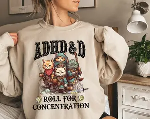 ADHD&D Roll for Concentration Sweatshirt, ADHD DnD Cat Shirt, DM Gift,TTRPG Hoodie,Dungeons and Dragons Sweatshirt,Role Play Tee,Gamer D&D Sweatshirt