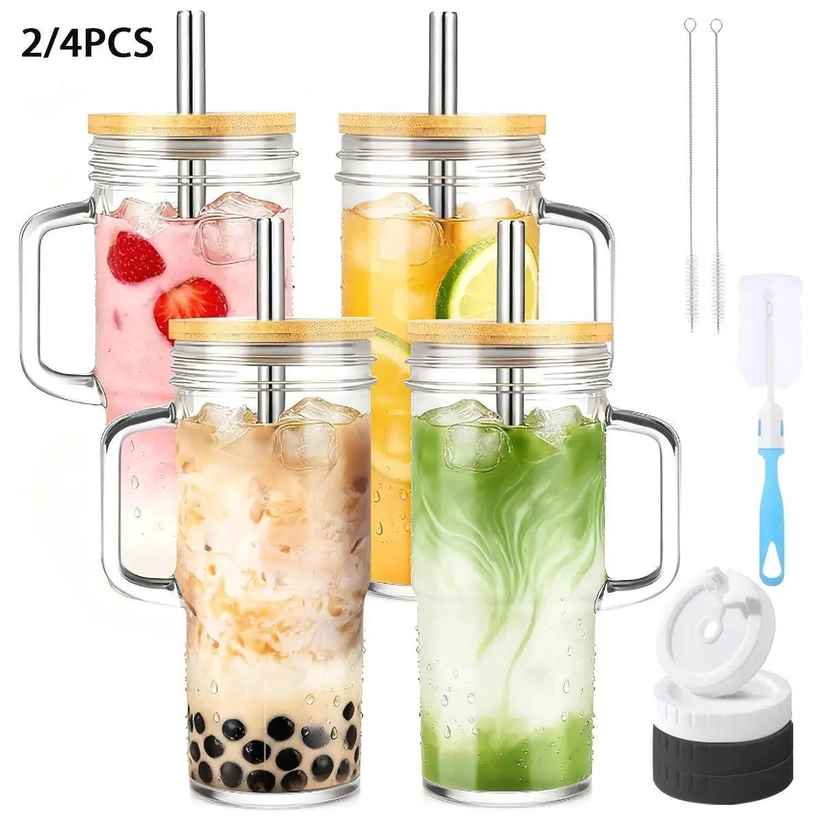 2/4pcs Tumblers with Lid And Straw - 24oz, with Bamboo Lid And Straw, Travel & Away Cups, Mason Glass Cup Drinkware Set, Free Sealed Silicone Lid & Straw Cleaning Brush!