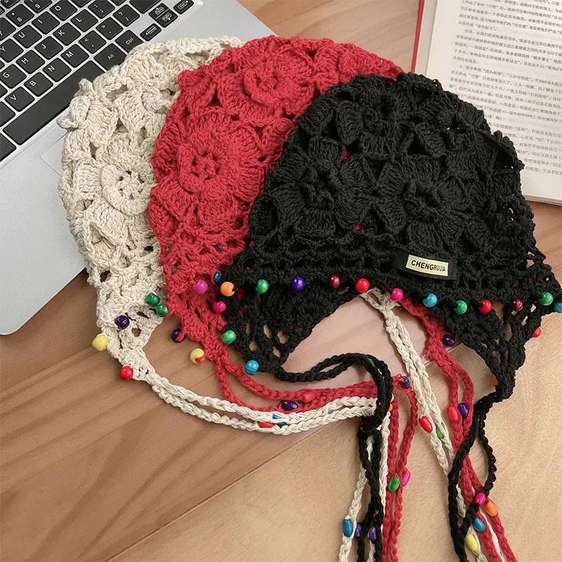 New Style Tassel Woven Baotou Hat For Women Retro Hollow Ethnic Style Pullover Hat Colorful Beads Crochet Knitted Hat