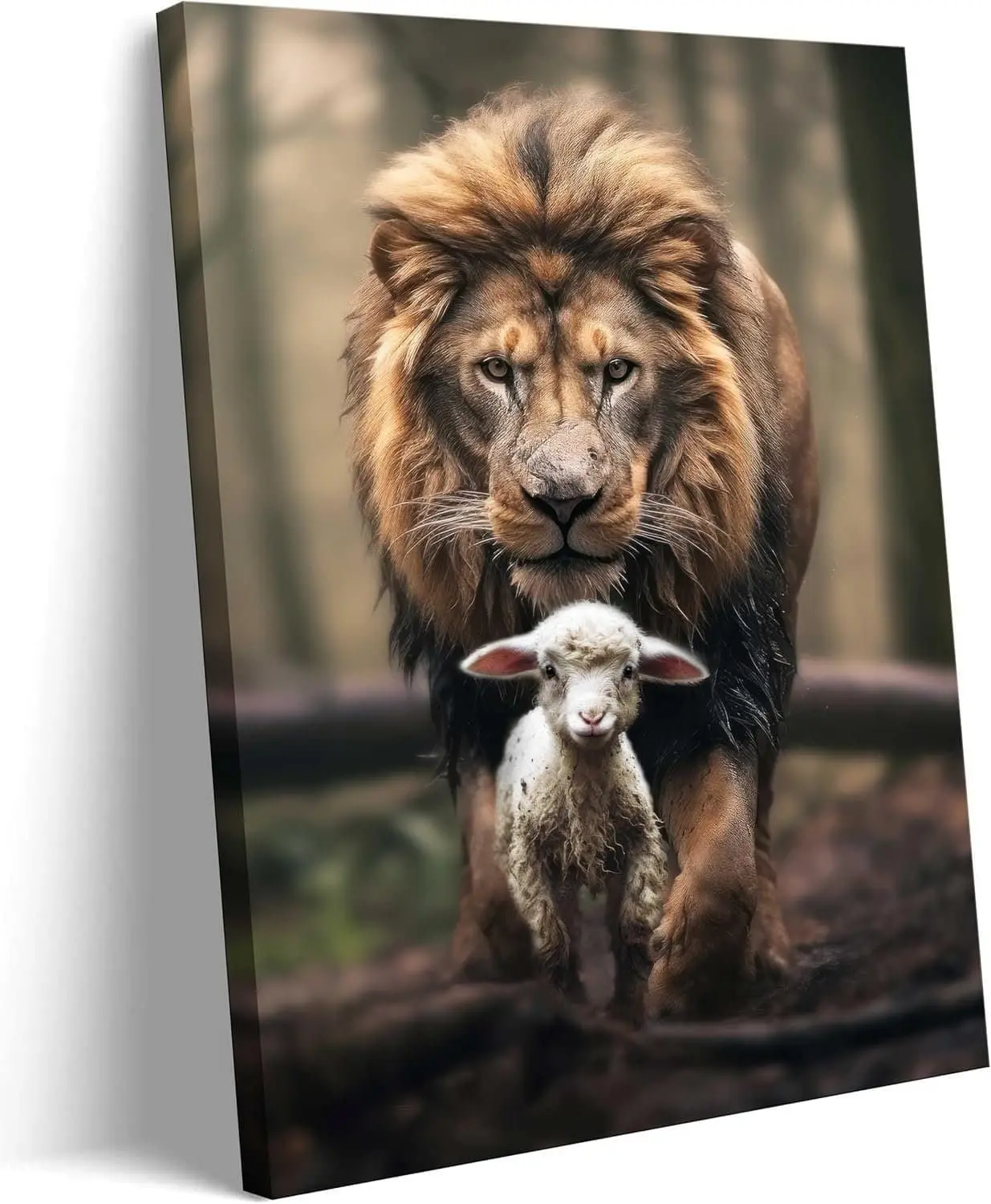 Framed Lion and Lamb Canvas Wall art Christian Jesus Lion King Poster Print God Religious Artwork Church Wall Decor Pictures for Living Room Bedroom Decoration