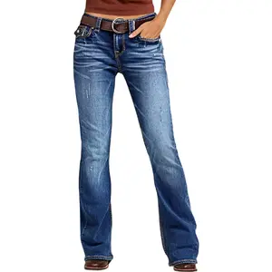 Flamingals Wash Contrast Stitch Flap Pocket Mid Rise Bootcut Jeans Womenswear Stretchy 31.9" Inseam