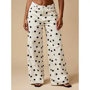 Polka Dot Wide Leg Jeans High Waisted Cotton Pants Retro Style Spring Fall Fashion Statement Bottom Wear