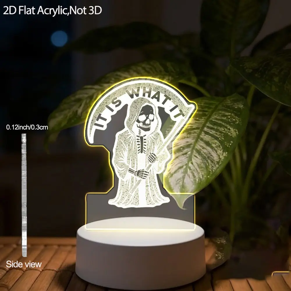 2D Acrylic LED Night Light, Gothic Humor Style, Standing Skull with Scythe, USB Powered, Three Color Adjustable, Halloween Decor Gift