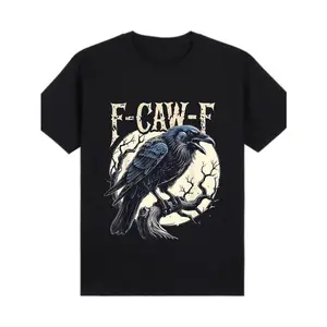 Round Neck Black T-Shirt with Crow Graphic and F-CAW-F Text, Perfect for Casual Wear | Summer, personalized short sleeve t-shirt, unisex, breathable, versatile, plus size, made in USA