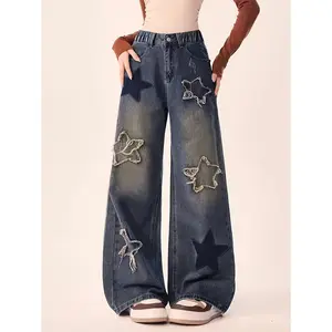 Y2K Tween Girls Cute Star Print Washed Denim Straight Leg Jeans