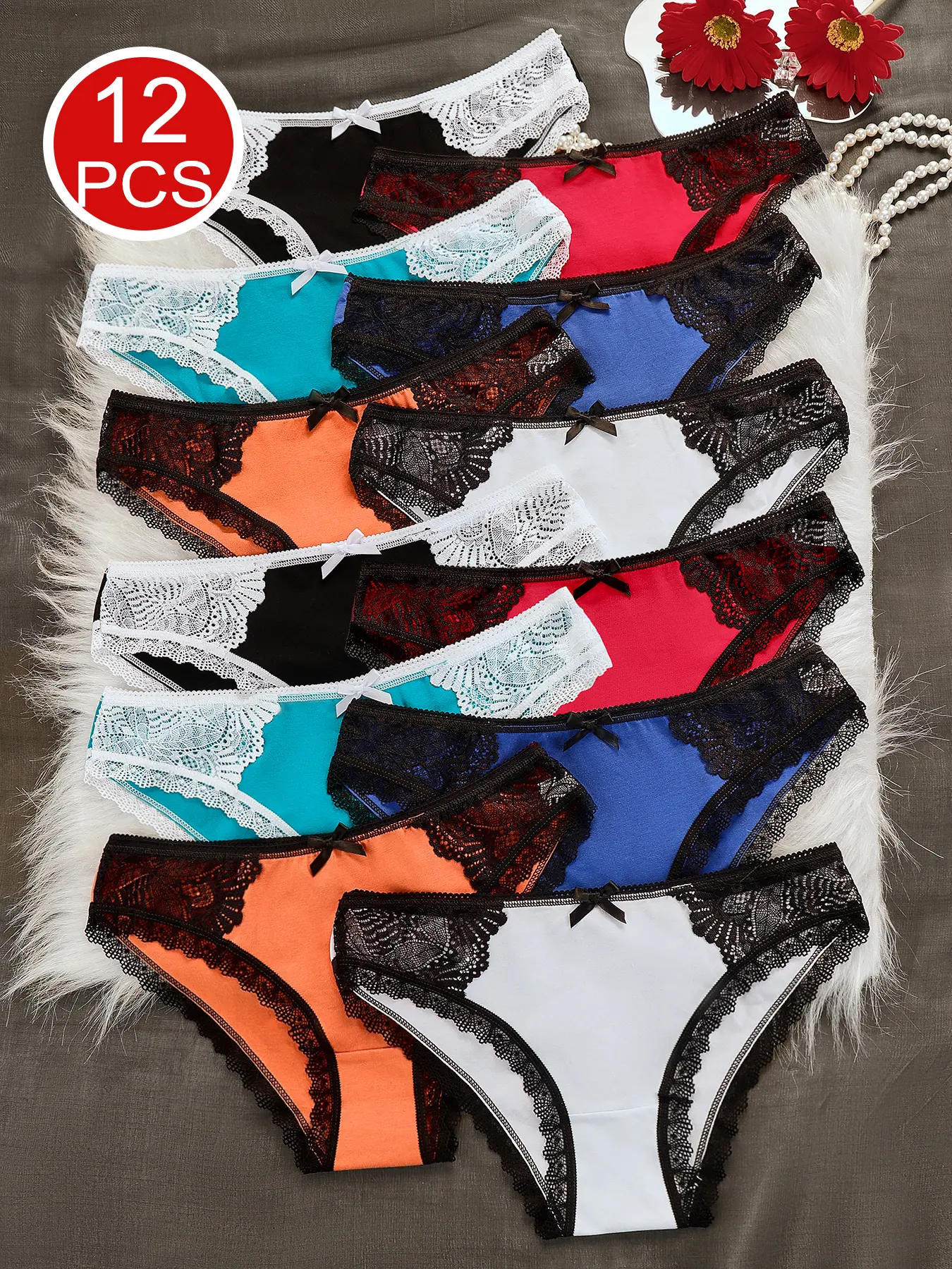 12-piece set of pure color women's panties, breathable daily panties, soft lace trim design, comfortable and elegant, versatile, sizes S-XL, 95% cotton, 5% spandex. Womenswear