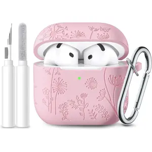 For Airpods 4 Case Cover with Cleaner Kit, Cute Flower Engraved Silicone Protective Case Cover with Keychain Compatible with Apple Airpods 4 Case 2024 for Women and Girls