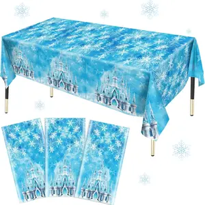 3Pcs Snowflake Castle Tablecloth Plastic Disposable Winter Wonderland Snow Table Cover for Christmas Winter Holiday Birthday Party Decor, 86.6 x 51.2 inch