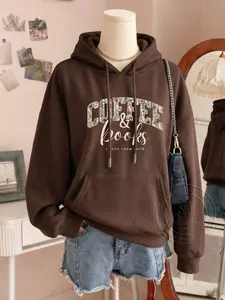 Women's Stylish Fitted Hooded Sweatshirt with Coffee Books Print, Drawstring Kangaroo Pocket, Perfect for Fall & Winter Casual Wear