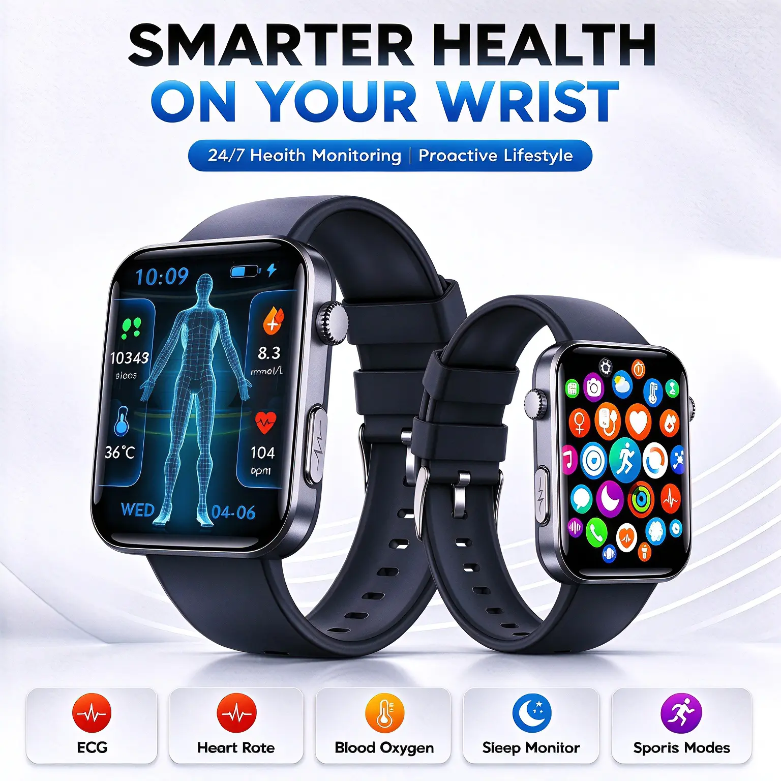 Android Smart Watch - Electronic Sport & Fitness Tracker with Skin Oxygen Monitoring, Blood Sugar Logging, Pulse Rhythm/Sleep Cycle Tracking, 50 Workout Presets, 7-Day Battery, Bluetooth Calling, Phone Alerts, Step Counter (Back to School)