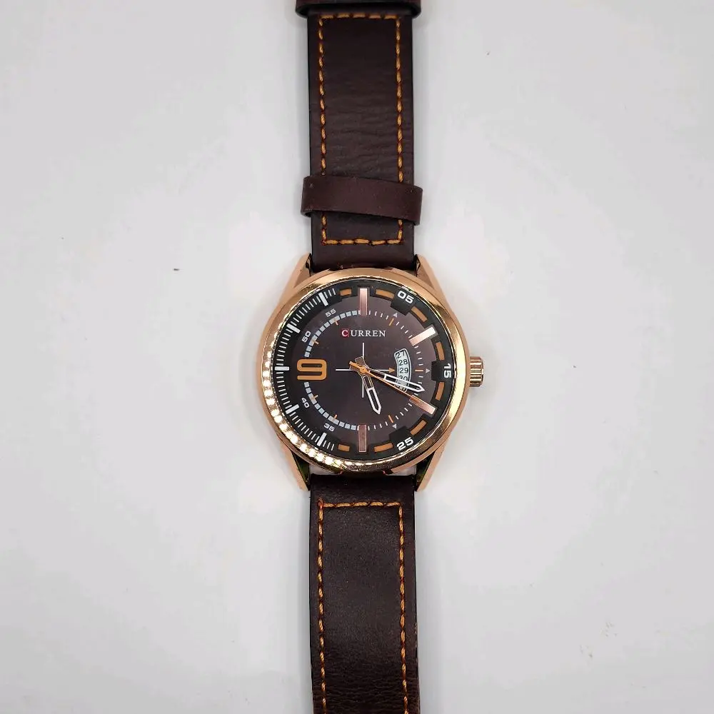 Men's Curren Elegant Sleek Leather Analog Quartz Watch - 42mm, Clasp Closure, Rose Gold Trim, Calendar Function, Mineral Glass, 12-Month Warranty, Casual Style, Perfect Accessory