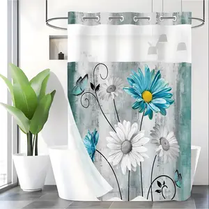 LVRLVR 1pc Rustic Farmhouse Teal Floral Daisy Butterfly Shower Curtain with Sheer Top Window, Detachable Liner & No Hook C-Ring, 70.8" x 74"