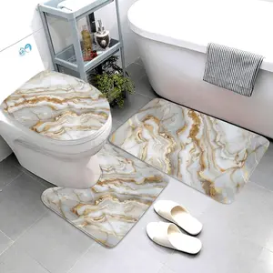 Gold Marble Bathroom Mats Set of 3 Piece, Abstract Bath Mat Rugs Sets Rubber Back Bath Rugs with U-Shaped Contour Toilet Mat for Bathroom Bath Floor Shower Room, White Marbling, Bathroom Supplies