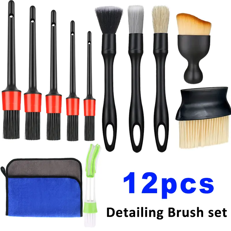 12Pcs Car Interior & Exterior Brush Set - Car Interior Soft Cleaning Brush Contains Detailing Brush, Short-handled Brushes, Double Head Brush and Towel for Automotive Air Conditioning, Vent, Dashboard Screen