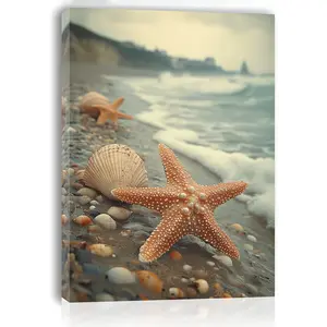 Room Decoration 1 Piece Starfish and Shell Beach Scene Canvas Wall Art, Wooden Frame Ocean Theme Print, Suitable for Living Room, Bedroom, Kitchen, Bachelorette Party Decoration, Woven Wall Hanging, Unique Christmas Gift Idea