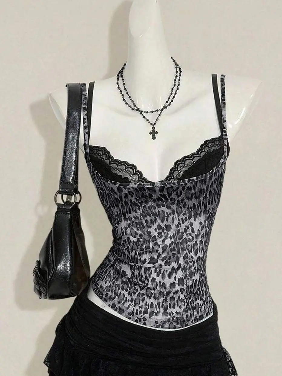 Women's Leopard Print Sheer Camisole Top, Paired With Black Lace Spaghetti Strap Bra 2-Piece Set Leopard Top Corset Top Women,Sexy Tops