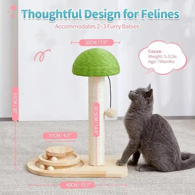 Cute Mushroom Cat Scratching Post, Natural Sisal Cat Scratcher with Hanging Pom-Pom Ball, Cat Activity Toy for Indoor Kittens