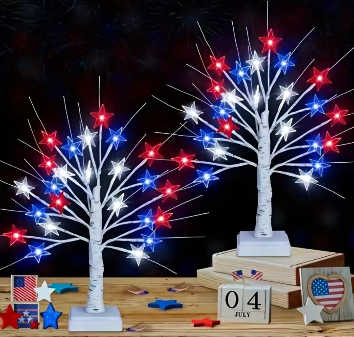 American Patriotic Plastic Birch Tree LED Decoration Lights - 24 Flag Stars, Bendable, Multimode, Red/White/Blue, Battery & USB Powered, Ideal for July 4 Celebrations, Patriotism, Partyready Glow