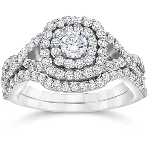 1 1/10cttw Cushion Diamond Halo Engagement Ring Set White Gold
