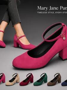 Women's Wide Width Chunky Heel Mary Janes Ankle Strap Dress Shoes