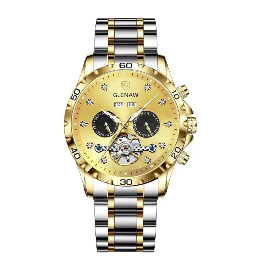 Men's 2-Tone Gold Steel Band Automatic Self-Winding Skeleton Mechanical Watch - Perpetual Calendar, Luminous, Waterproof Business Watch, Ideal Gift for Men