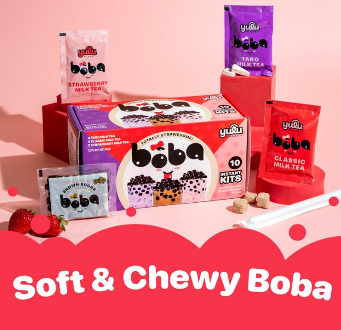 Boba Bundle Kit 10 Serv. Instant Bubble Pearl Variety Milk Tea Kit with Authentic Brown Sugar Tapioca Pearls by Yulu Foods - Ready in Under 1 Minute, Includes Paper Straws - Gift Box, Holiday (Classic, Taro and Strawberry)