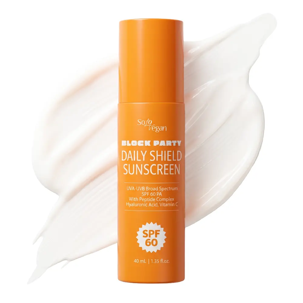 SoloVegan SPF 60 Broad Spectrum UVA/UVB Facial & Neck Sunscreen with Pump Bottle - 40ml Lightweight Daily Vegan Skincare, Peptides, Vitamin C, Hyaluronic Acid, Moisturizing, Non-Greasy for Acne Prone Skin, Even Skin Tone, Radiance, Radiant Skin