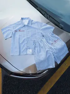 Men's Striped Shirt Shorts Set, Short Sleeve Stripe Shirt with Small Pocket, Matching Stripe Shorts, Oversized Streetwear Style Clothes