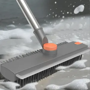 Scrub Brush with Long Handle 3 in 1 Shower Scrubber Floor Broom Squeegee for Concrete Tile Wall Deck Patio Grey 180° Stiff Bristle Brush Full Rotation Smooth Silicone Squeegee Adjustable Extended Handle