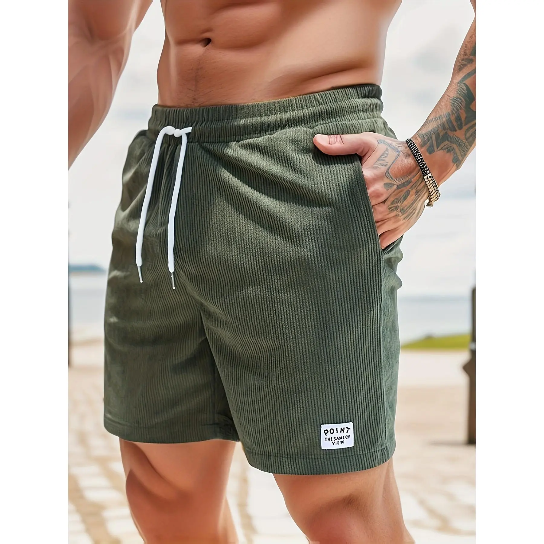 Men's Stylish Olive Green Corduroy Slim-Fit Casual Shorts - Menswear, Polyester No-Stretch Fabric, White Drawstring, Machine Washable for Summer Comfort