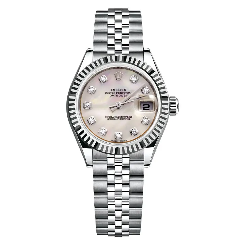 Rolex Lady-Datejust 26 179174 Automatic Stainless Steel and 18K White Gold Fluted Bezel White Mother-of-Pearl Dial with Factory Diamond Hour Markers Jubilee Bracelet Ladies Watch WHT032142