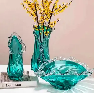 Glass Vase Set with Fruit Bowl - Hand-Blown Aqua Tones & Swirling Designs for Modern Coastal Interiors