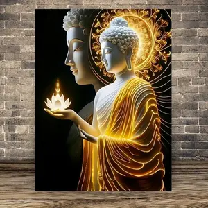 [UNFRAMED POSTER] 12x16 Inch Frameless Poster - Serene Buddha with Candle and Lotus, Golden Robe Design, Ideal for Living Room, Bedroom, Bathroom, Office Decor - Perfect Gift for Home and Spiritual Decor!