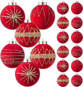 Velvet Christmas Ornaments Glitter Xmas Balls Burgundy Christmas Decor Luxury Flocked Christmas Decorations Xmas Tree Hanging Ornaments for Indoor Outdoor Home Holiday Wedding Party   Birthday Christmas Tree Decor Christmas Gifts