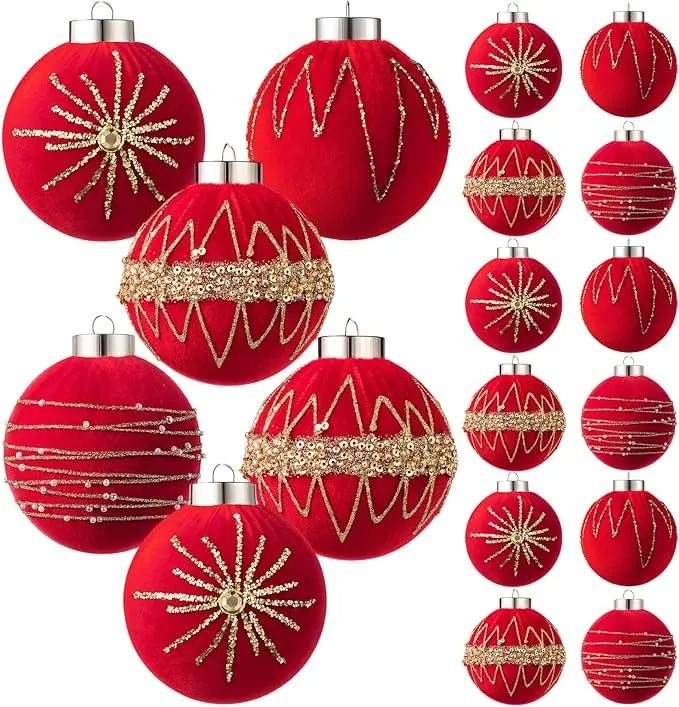 Velvet Christmas Ornaments Glitter Xmas Balls Burgundy Christmas Decor Luxury Flocked Christmas Decorations Xmas Tree Hanging Ornaments for Indoor Outdoor Home Holiday Wedding Party   Birthday Christmas Tree Decor Christmas Gifts
