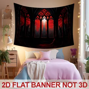 Printing, Medieval Gothic Castle Window Hanging Tapestry Vampire Bloody Moon Wall Art Halloween Wall Tapestry Halloween Backdrop with Free Installation Package